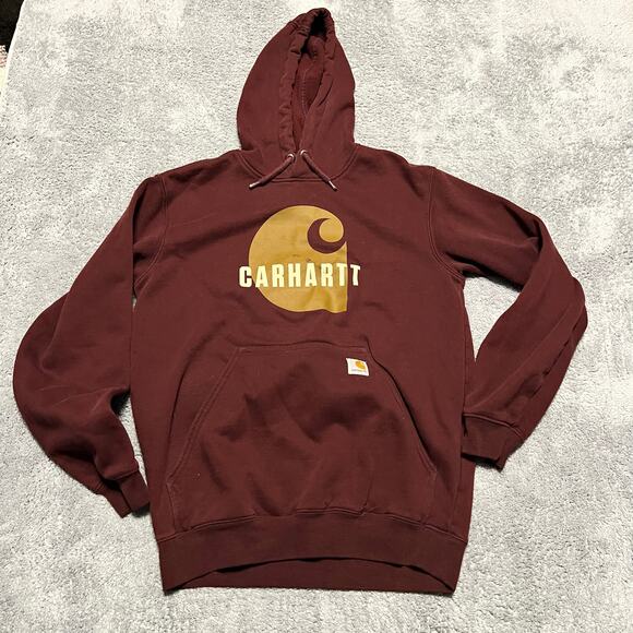 Carhartt Hoodie Mens Small Maroon Graphic Loose Fit Sweatshirt Workwear - Picture 1 of 7